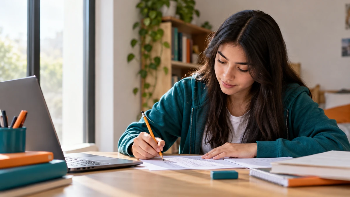 Estudiante concentrada resolviendo ejercicios de preparación para un examen de admisión.
