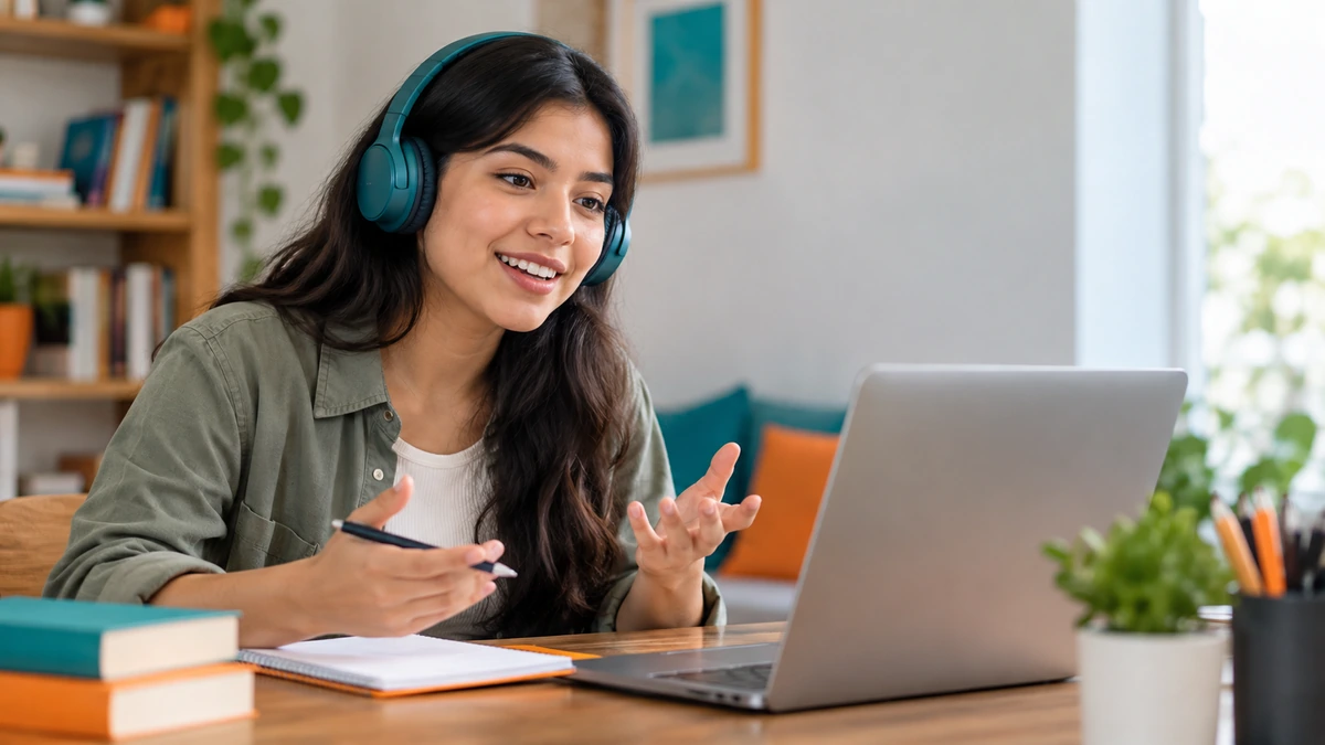 Estudiante practicando inglés con audífonos frente a la laptop en una habitación iluminada.