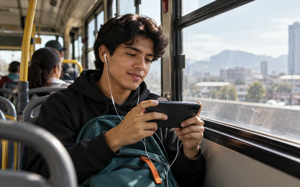 Joven estudiando una clase desde el celular mientras viaja en transporte público.